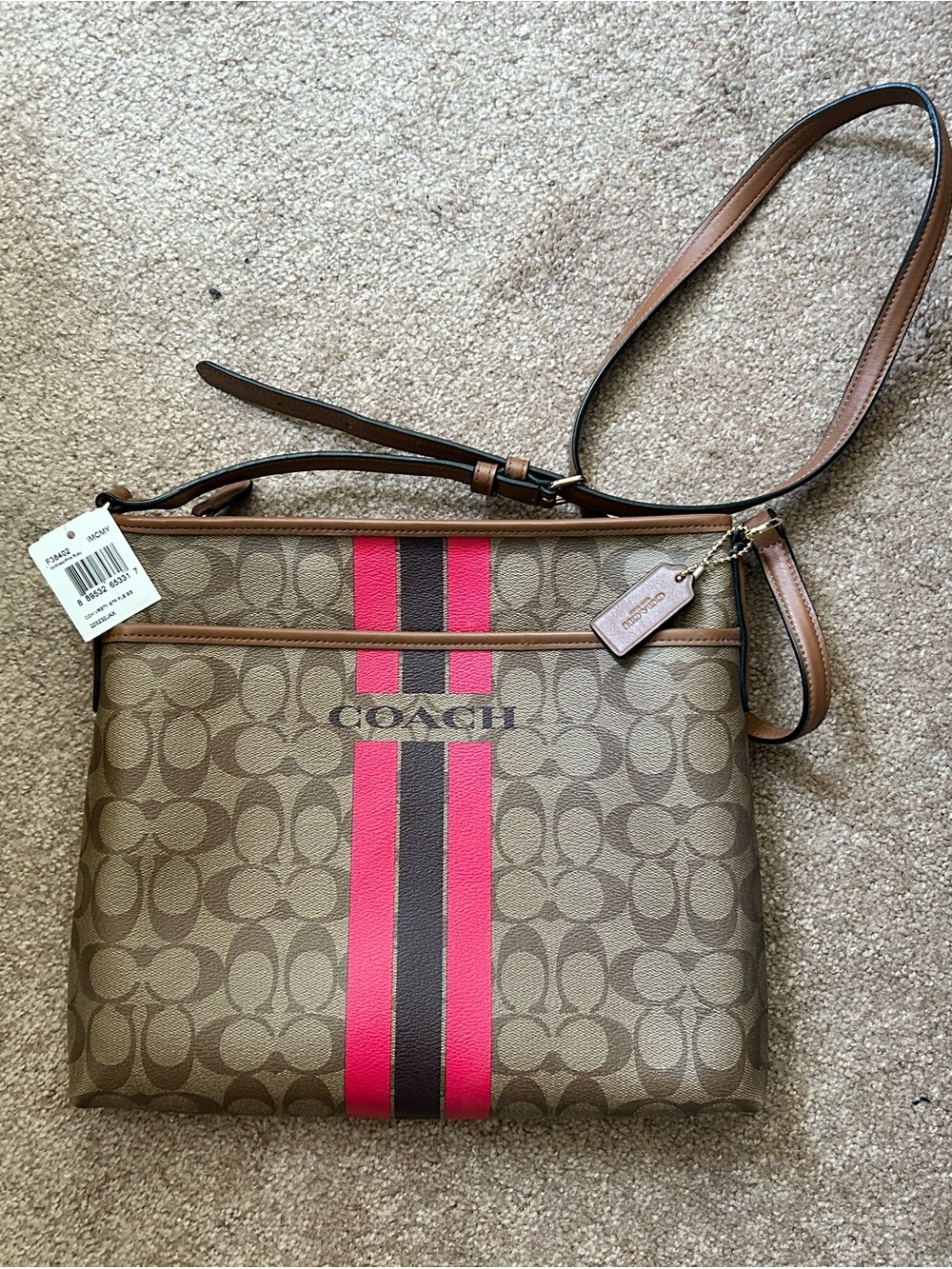 Coach Signature Crossbody in Brown with Pink Accent Stripes